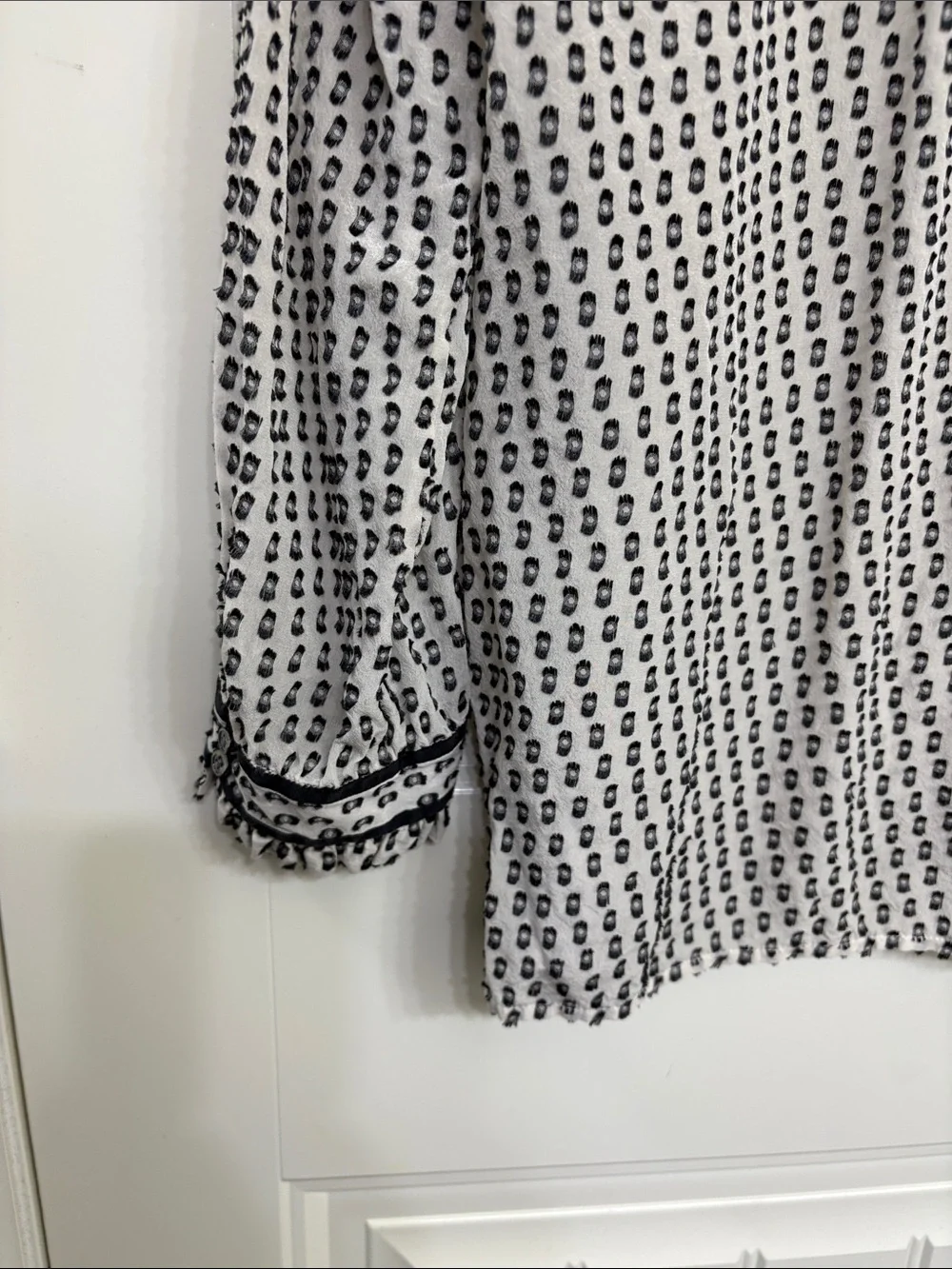 J. Crew Black & Off-White Patterned V-Neck Silk blend Blouse